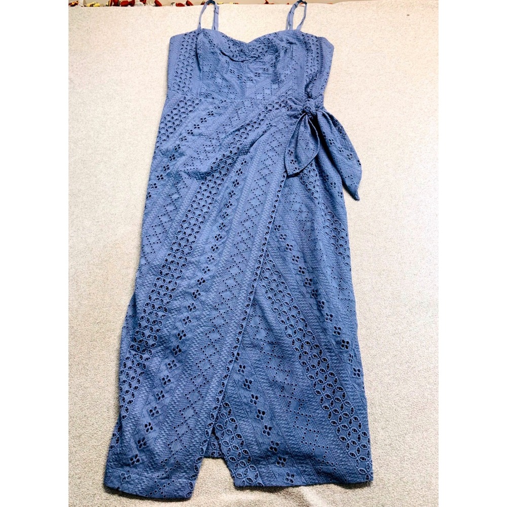 White House Black Market Midi Dress Womens 12 Blue Eyelet Faux Wrap Boho Chic